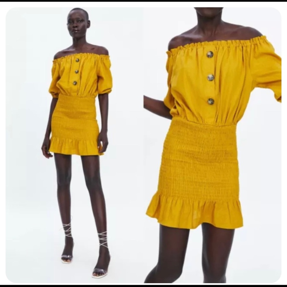 Zara linen blend smocked off shoulder puff sleeve peasant mustard dress medium